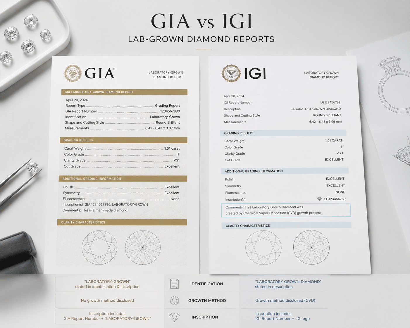 side-by-side view of a GIA laboratory-grown diamond report and an IGI lab-grown diamond report showing differences in layout, grading fields, and growth method notation