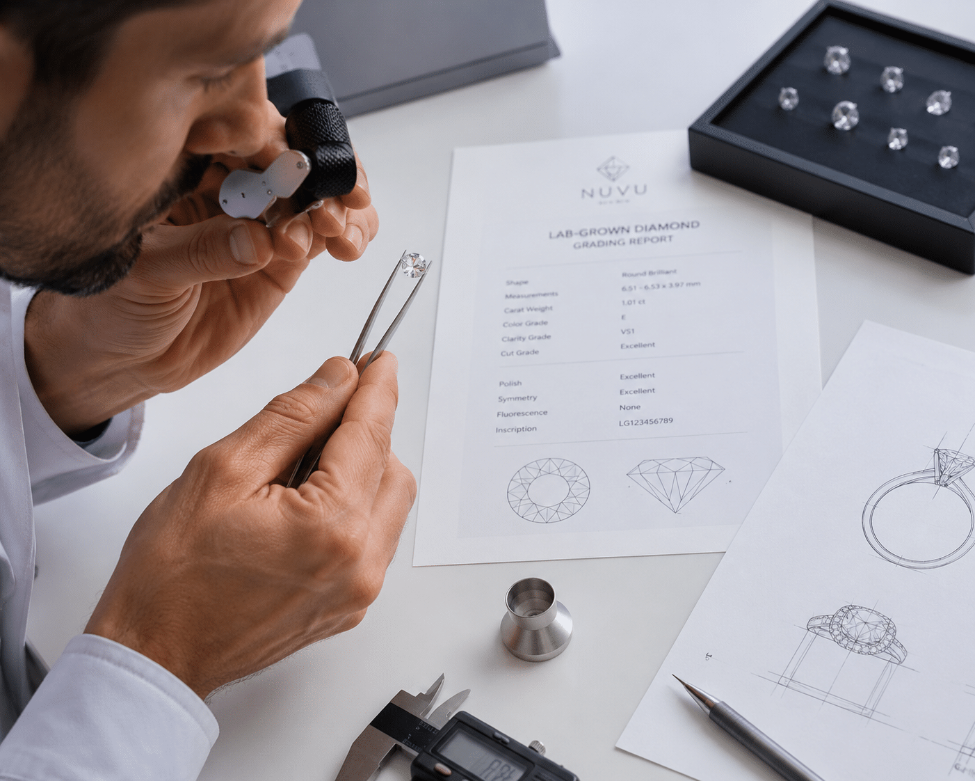 A jeweler examining a loose lab-grown diamond under magnification, with a grading report and appraisal tools visible on the workbench