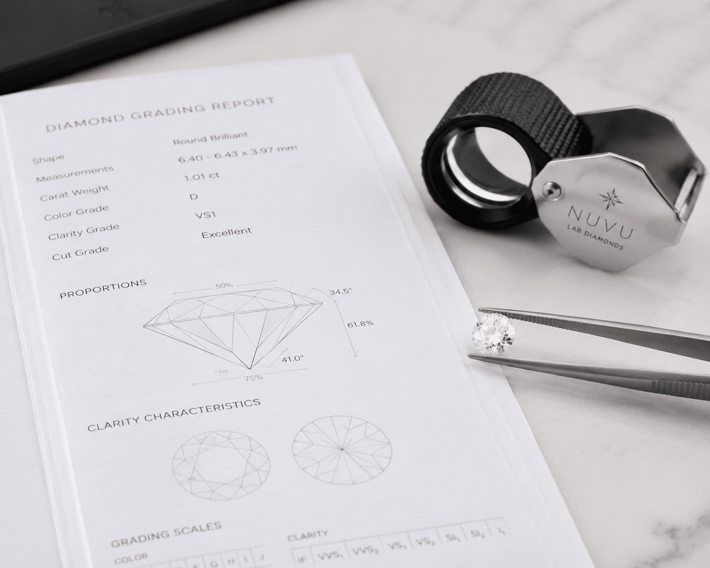 Close-up view of a diamond grading certificate next to a loose diamond under a jeweler's loupe, showing the comparison process between the report and the stone