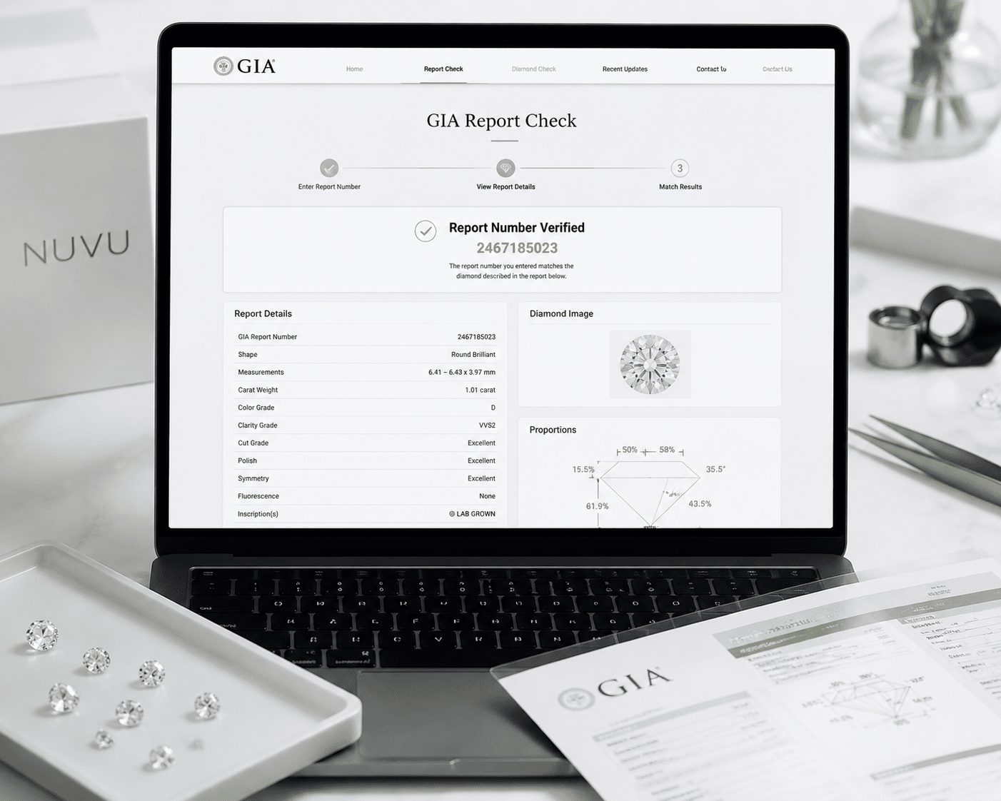 Screenshot showing the GIA Report Check website with a verified report number and matching diamond details displayed