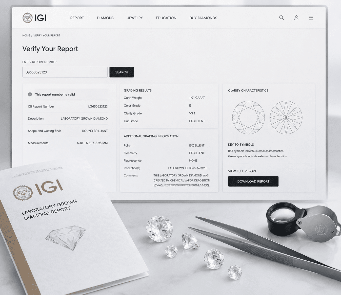 Screenshot of the IGI online verification portal showing a report number search result with 4Cs and clarity plot