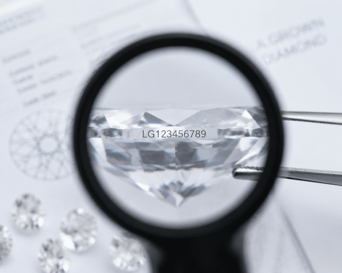 Close-up view of a lab-grown diamond girdle showing a laser inscription with certificate number visible under magnification