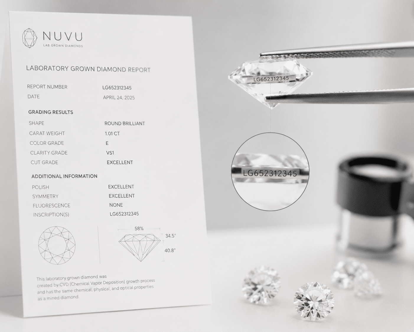Side-by-side comparison of a laboratory grading report and the matching inscription on a diamond girdle