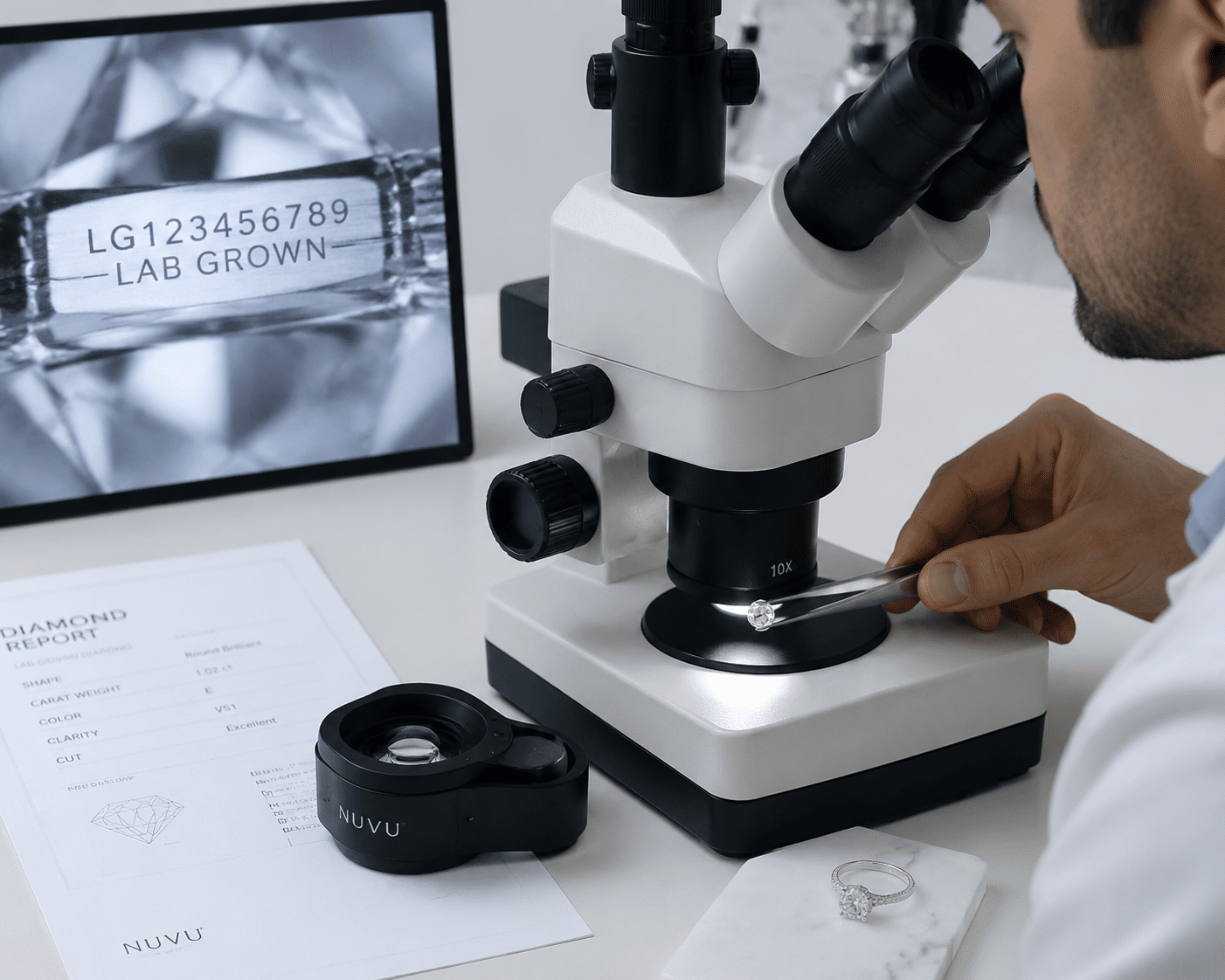 A jeweler inspecting a lab-grown diamond inscription under a gemological microscope for verification