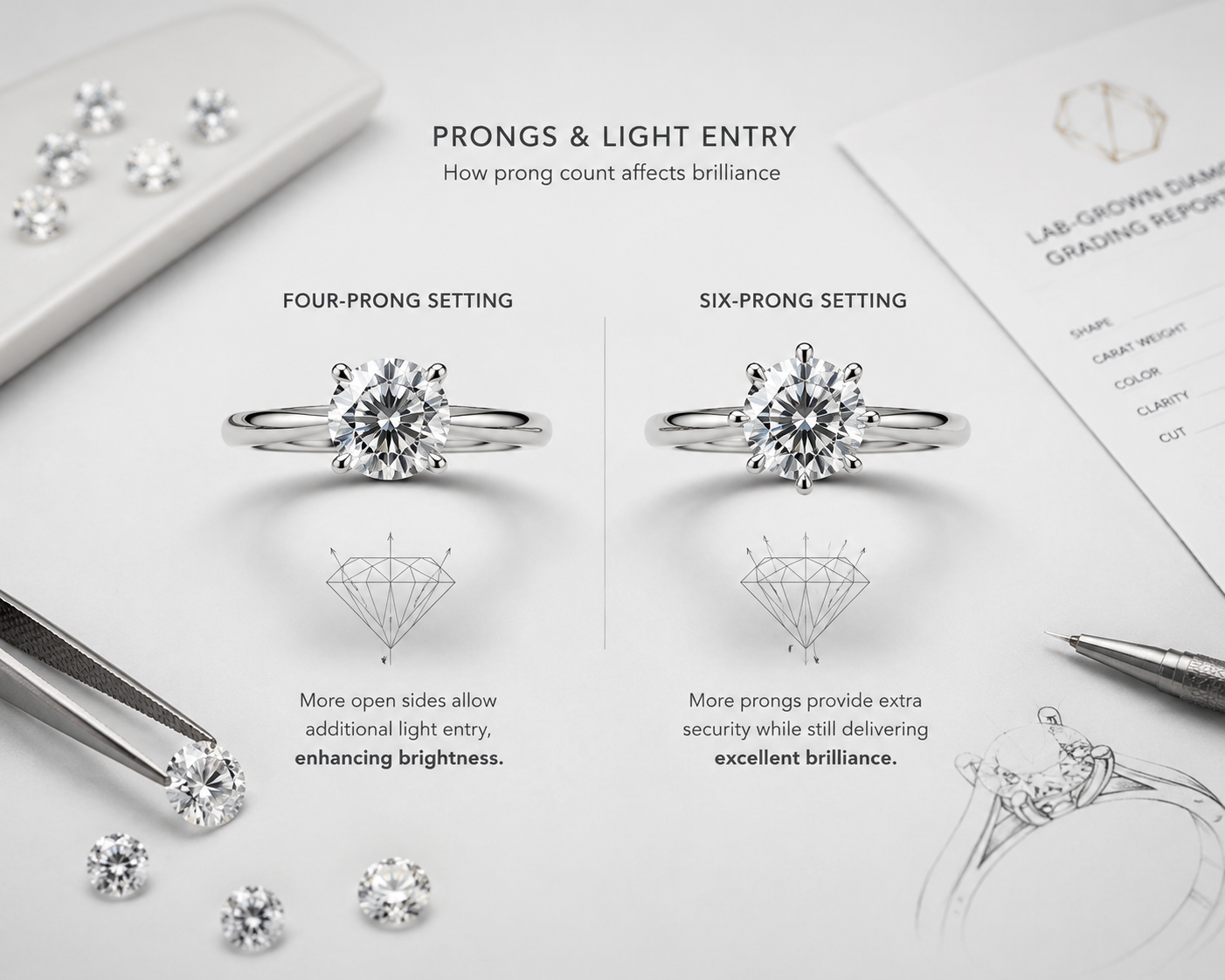 Comparison of a round lab-grown diamond set in four-prong versus six-prong settings, showing how prong coverage affects side light entry