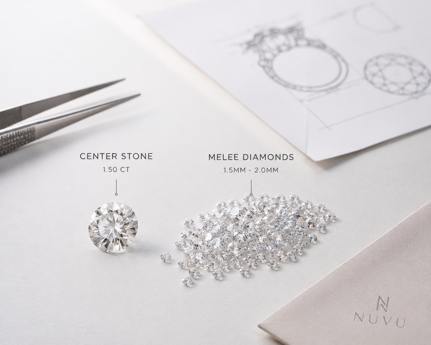 Stack of loose lab-grown diamonds of varying sizes, illustrating the visual difference between a large center stone and small melee diamonds