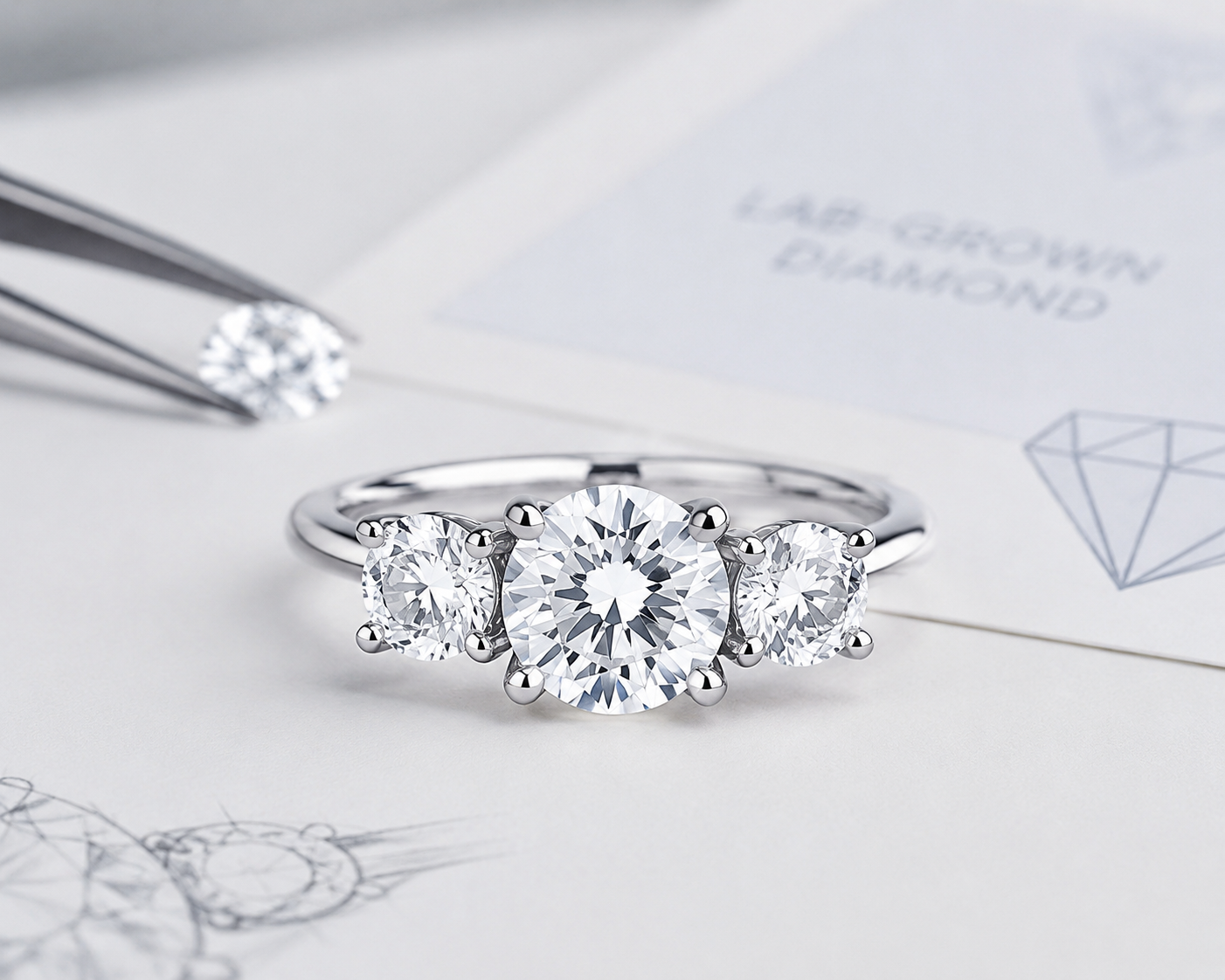 Close-up of a three-stone lab-grown diamond ring showing center stone and matching side accent stones