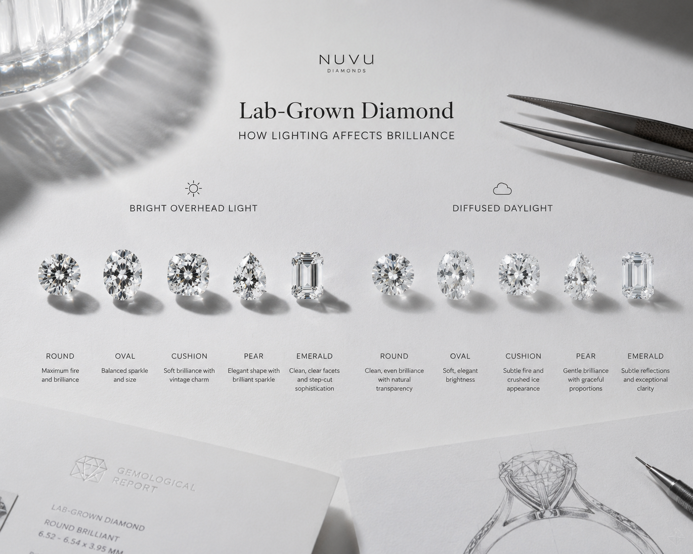 Loose lab-grown diamond viewed under bright overhead light and diffused daylight, showing differences in sparkle, transparency, and contrast