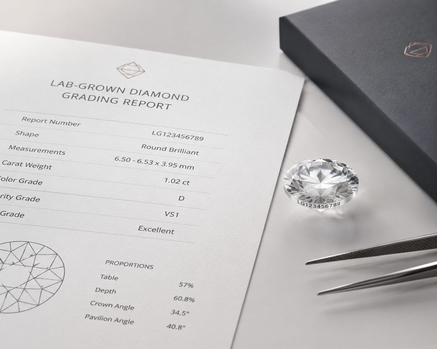 Close-up of a lab-grown diamond grading report showing report number and key grading fields, placed next to a loose diamond with visible girdle inscription