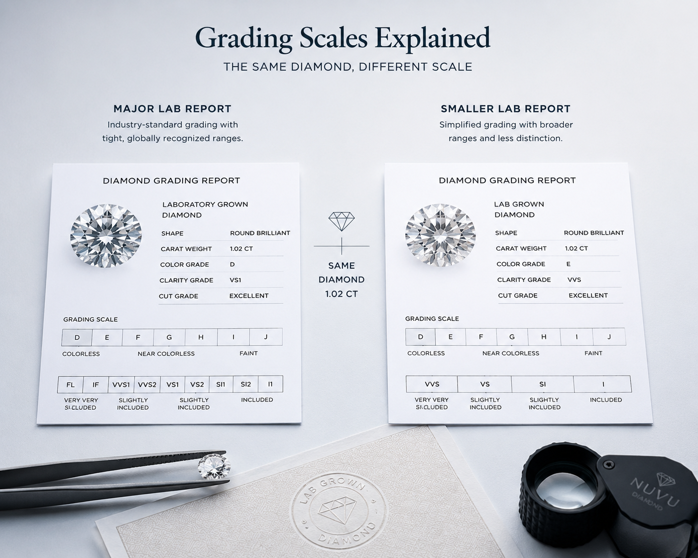 Side-by-side comparison of a grading report from a major lab and a smaller lab showing different grading scales for the same color and clarity ranges