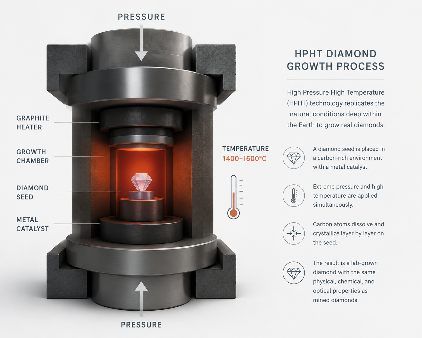 simplified diagram showing an HPHT press with a diamond seed inside, pressure arrows and temperature indicators, illustrating the basic concept of high pressure high temperature diamond growth