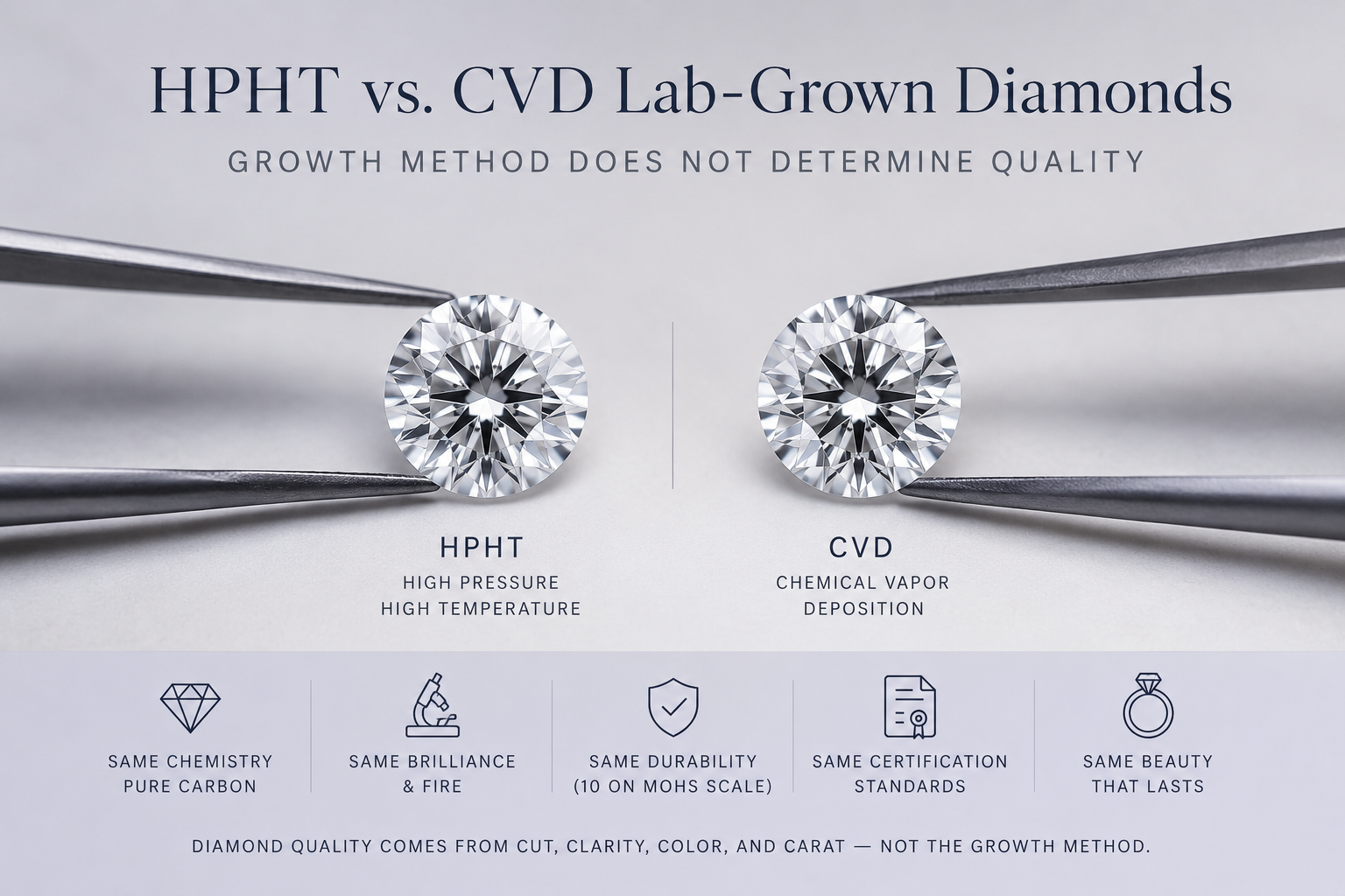 side-by-side comparison of two similar lab-grown diamonds, one HPHT and one CVD, showing comparable visual appearance with text overlay noting that growth method does not determine quality