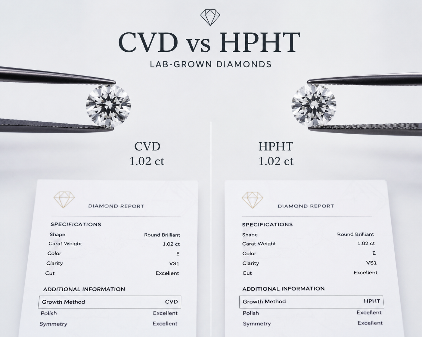 side-by-side comparison of two similar carat weight diamonds, one CVD and one HPHT, with certificate excerpts showing growth method and key specifications