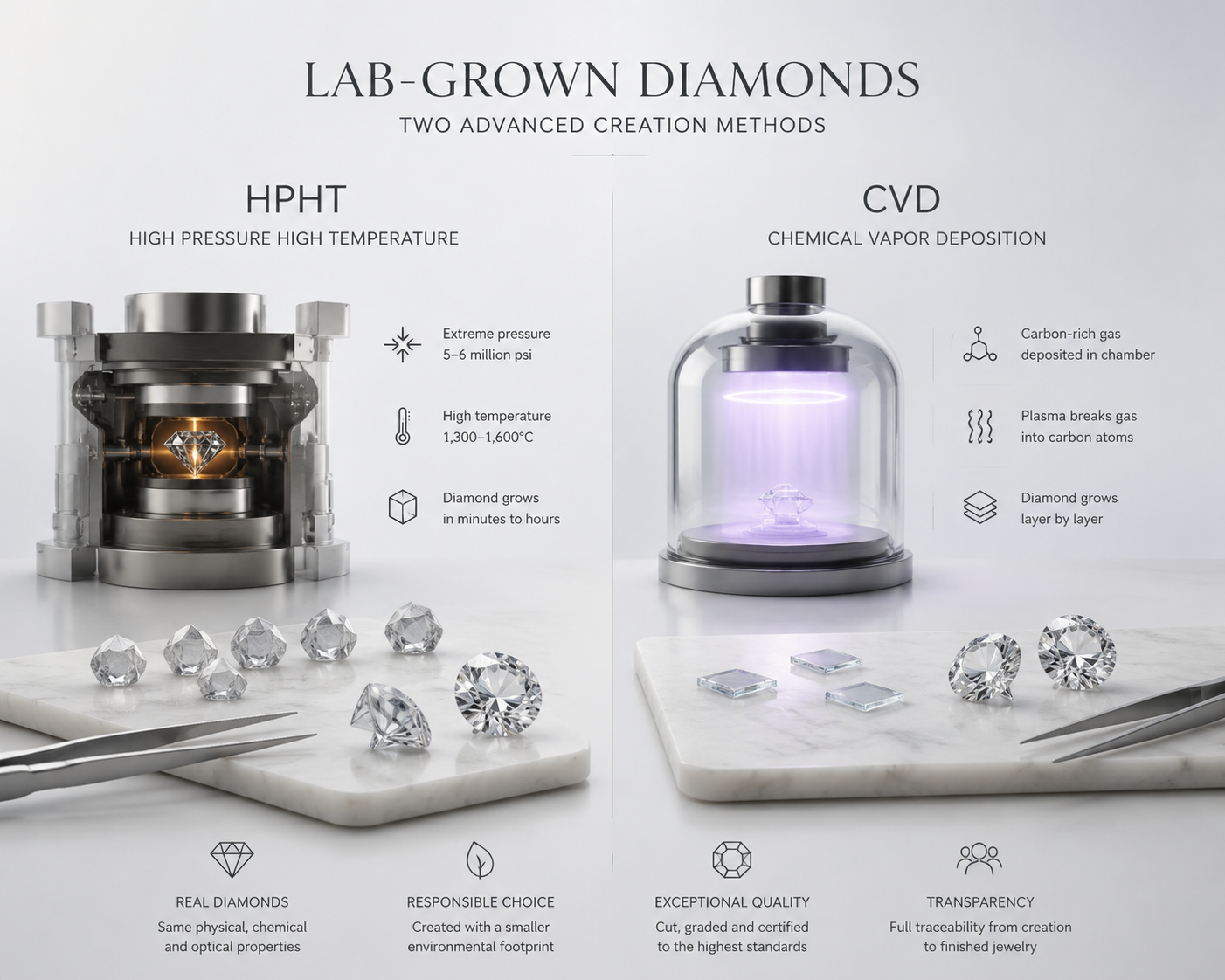 split comparison visual showing HPHT and CVD diamond formation concepts with equal visual weight, neither highlighted as superior