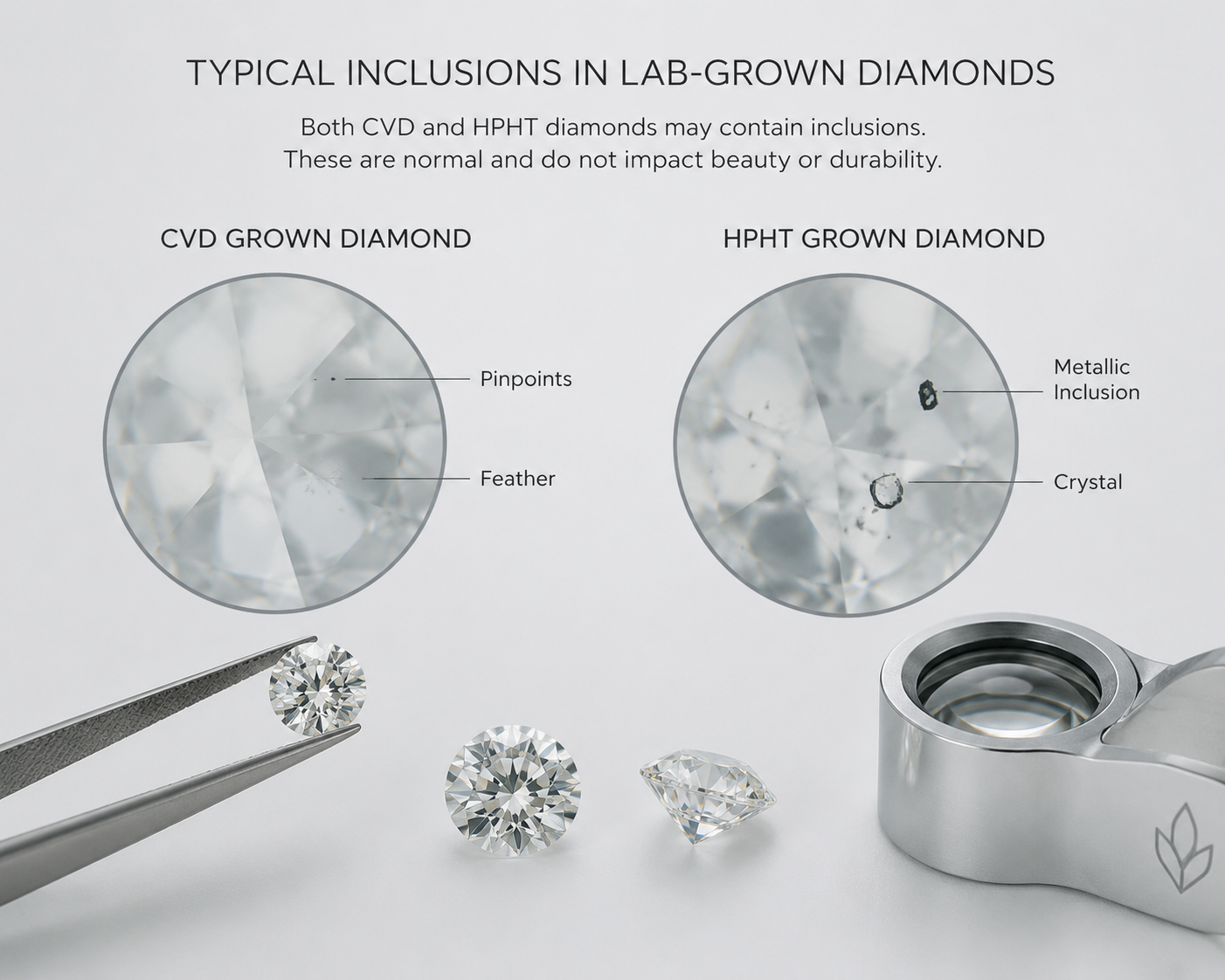 close-up magnified view showing typical inclusion appearances in lab-grown diamonds, with neutral labeling, not favoring either method
