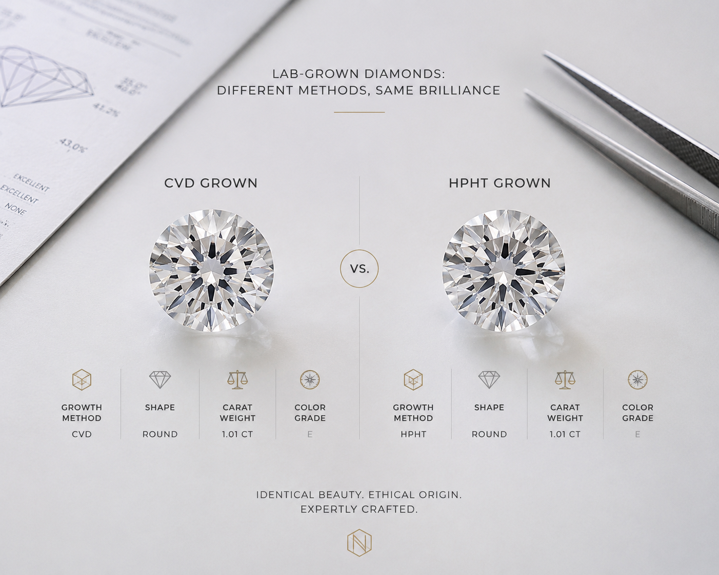 side-by-side comparison view of two similar lab-grown diamonds with different growth methods, showing that visual appearance is comparable