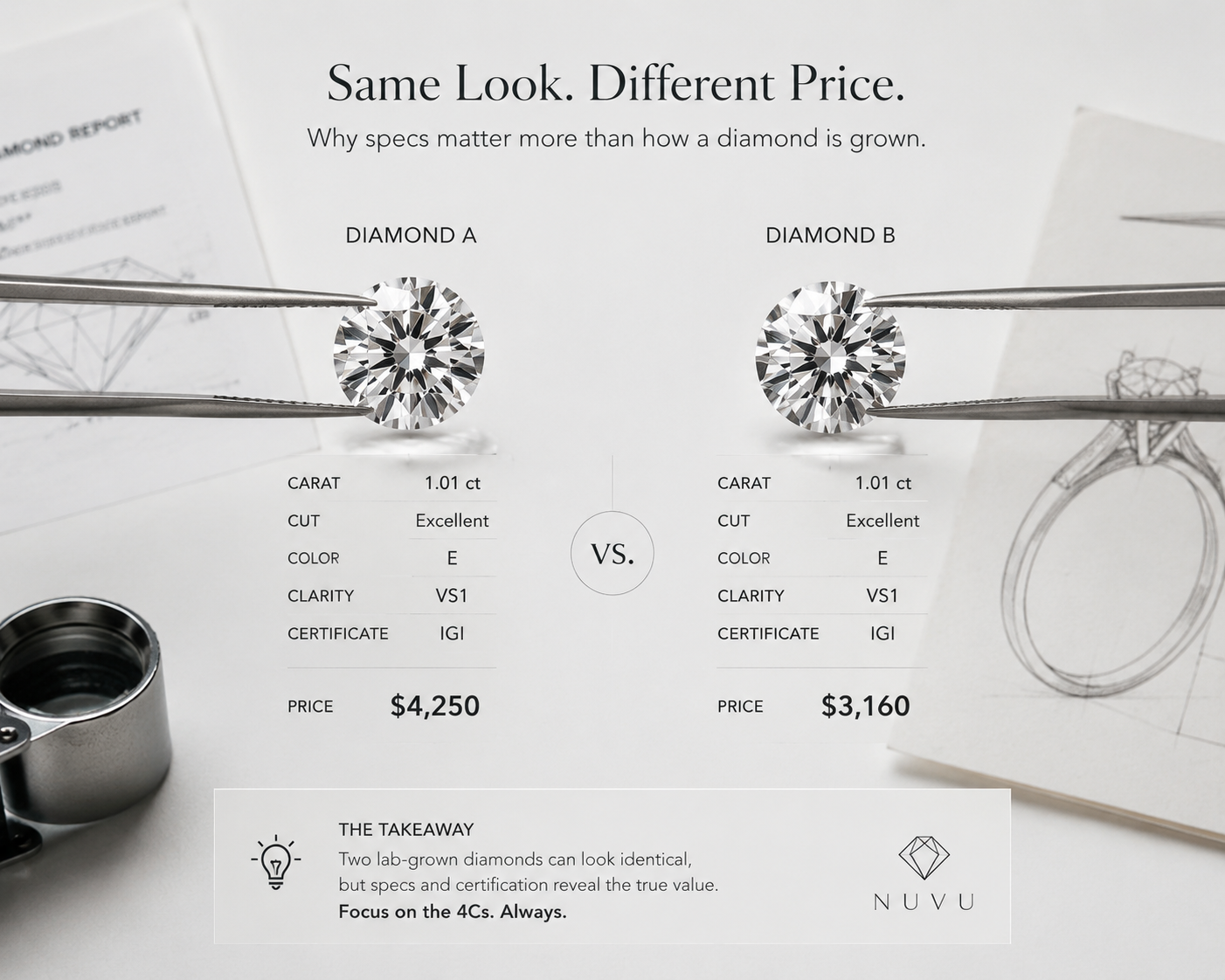Side-by-side comparison of two similar lab-grown diamonds with specification callouts showing carat, cut, color, clarity, and certificate — demonstrating how matched specs reveal true price differences beyond growth method