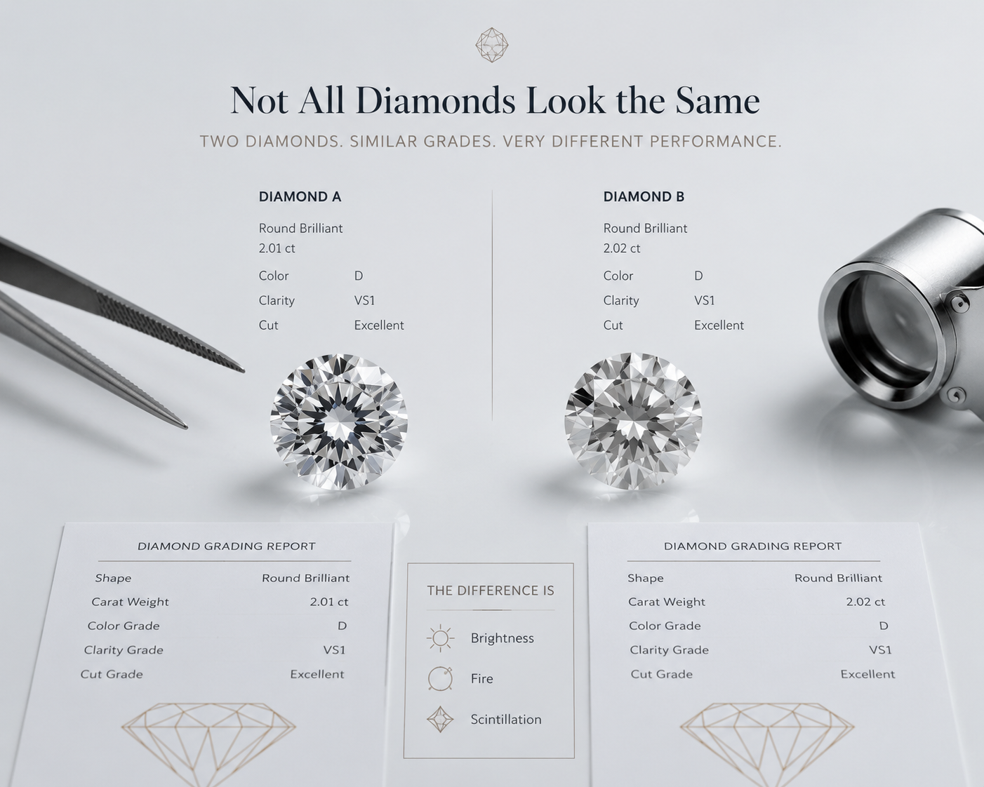 side-by-side comparison of two lab-grown diamonds with similar report grades but visibly different light performance