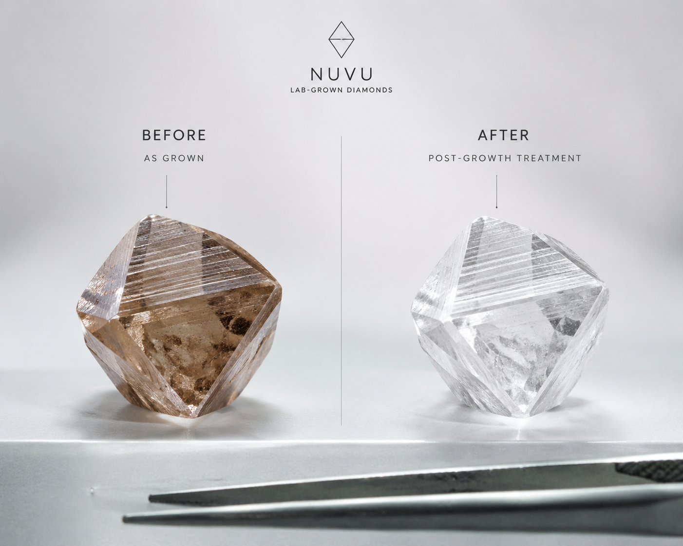 close-up of a lab-grown diamond crystal before and after post-growth treatment, showing color improvement from brownish tint to near-colorless