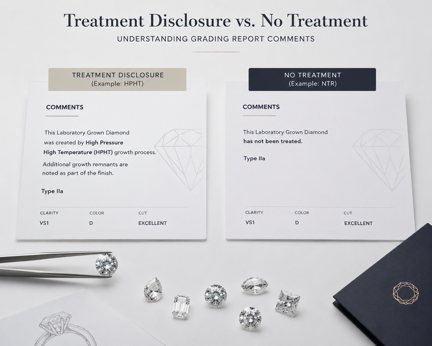 side-by-side comparison of grading report comments sections showing treatment disclosure notation versus no treatment notation