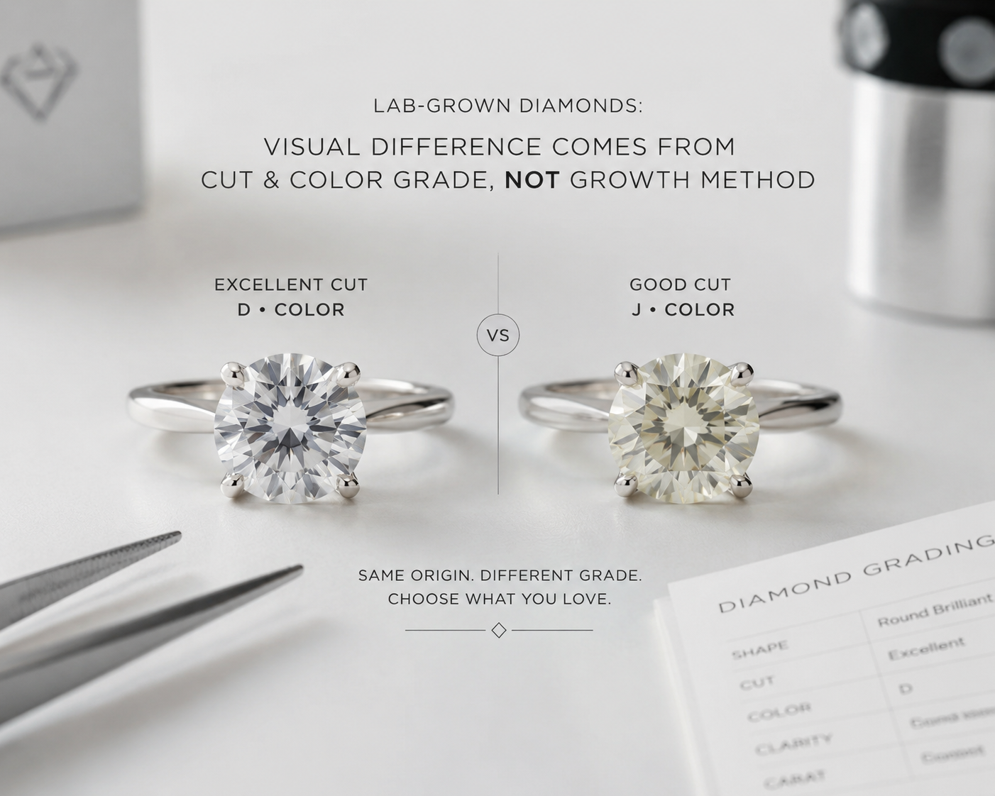Side-by-side comparison of two round brilliant lab-grown diamonds in similar settings, illustrating that visual differences come from cut and color grade, not growth method