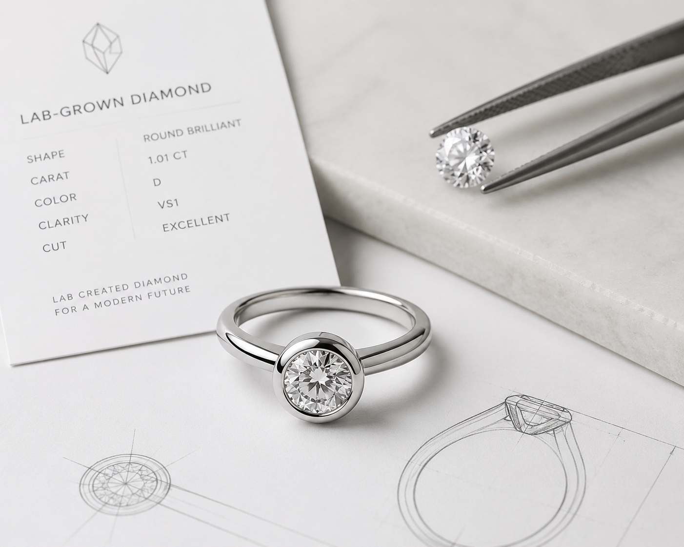 A lab-grown diamond engagement ring shown in a bezel setting, illustrating how setting style protects the stone regardless of growth method