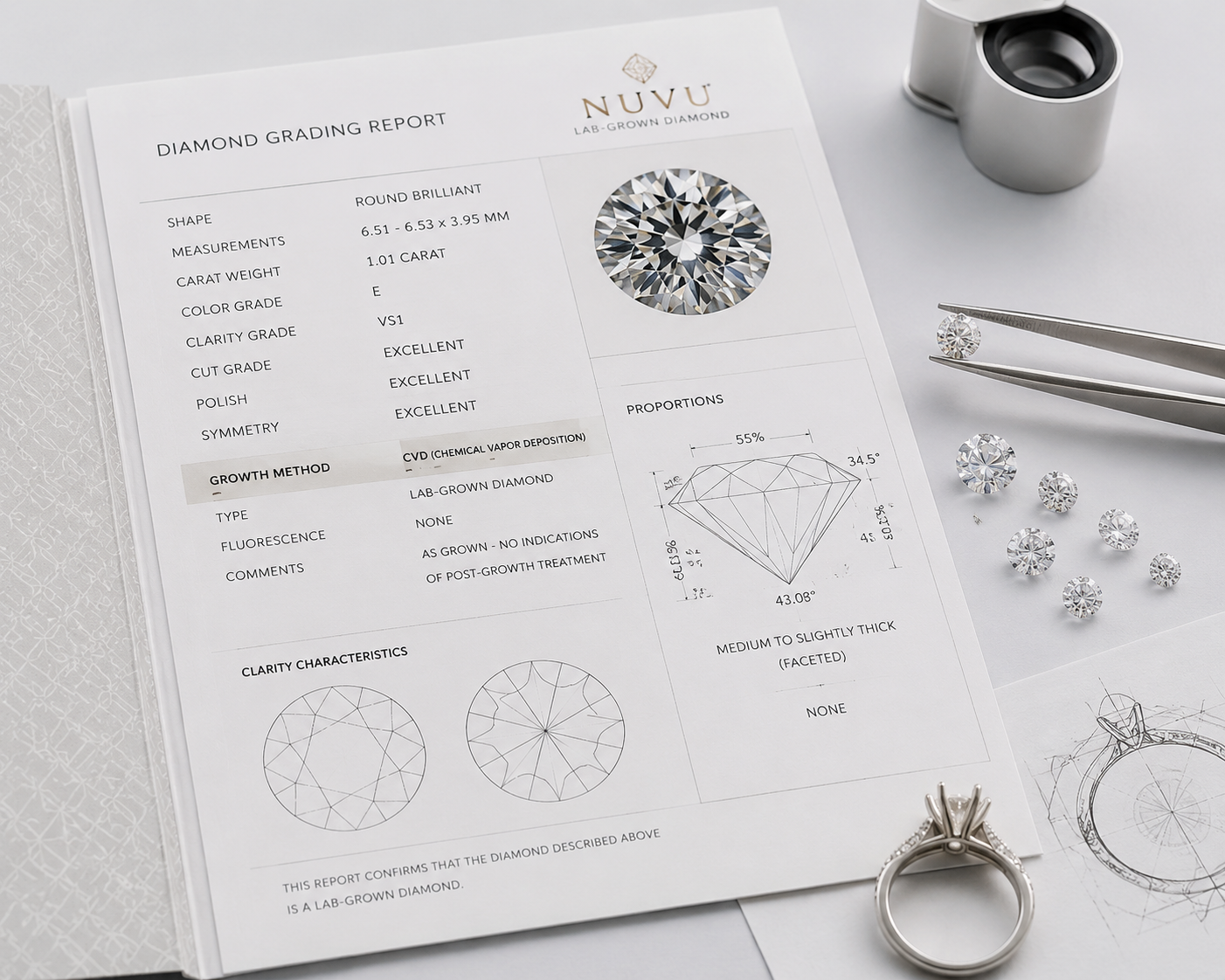 A grading report for a lab-grown diamond showing the growth method field, illustrating how buyers can verify seller claims through documentation