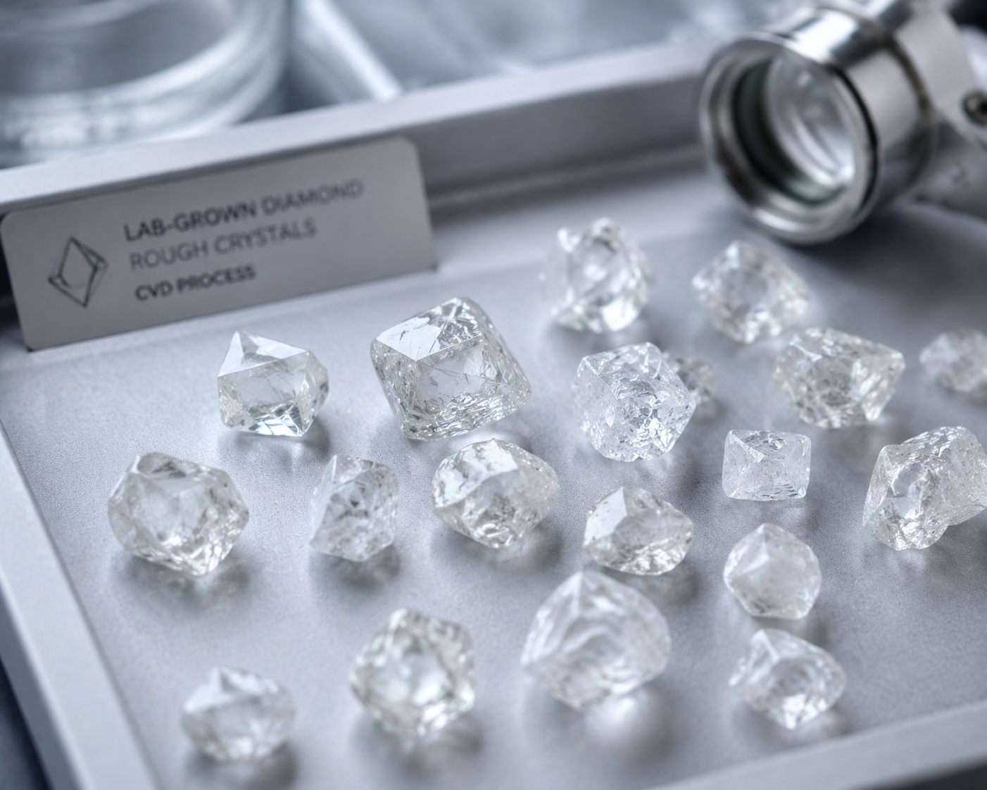 A close-up view of rough lab-grown diamond crystals in a production facility, showing the raw material before cutting and polishing