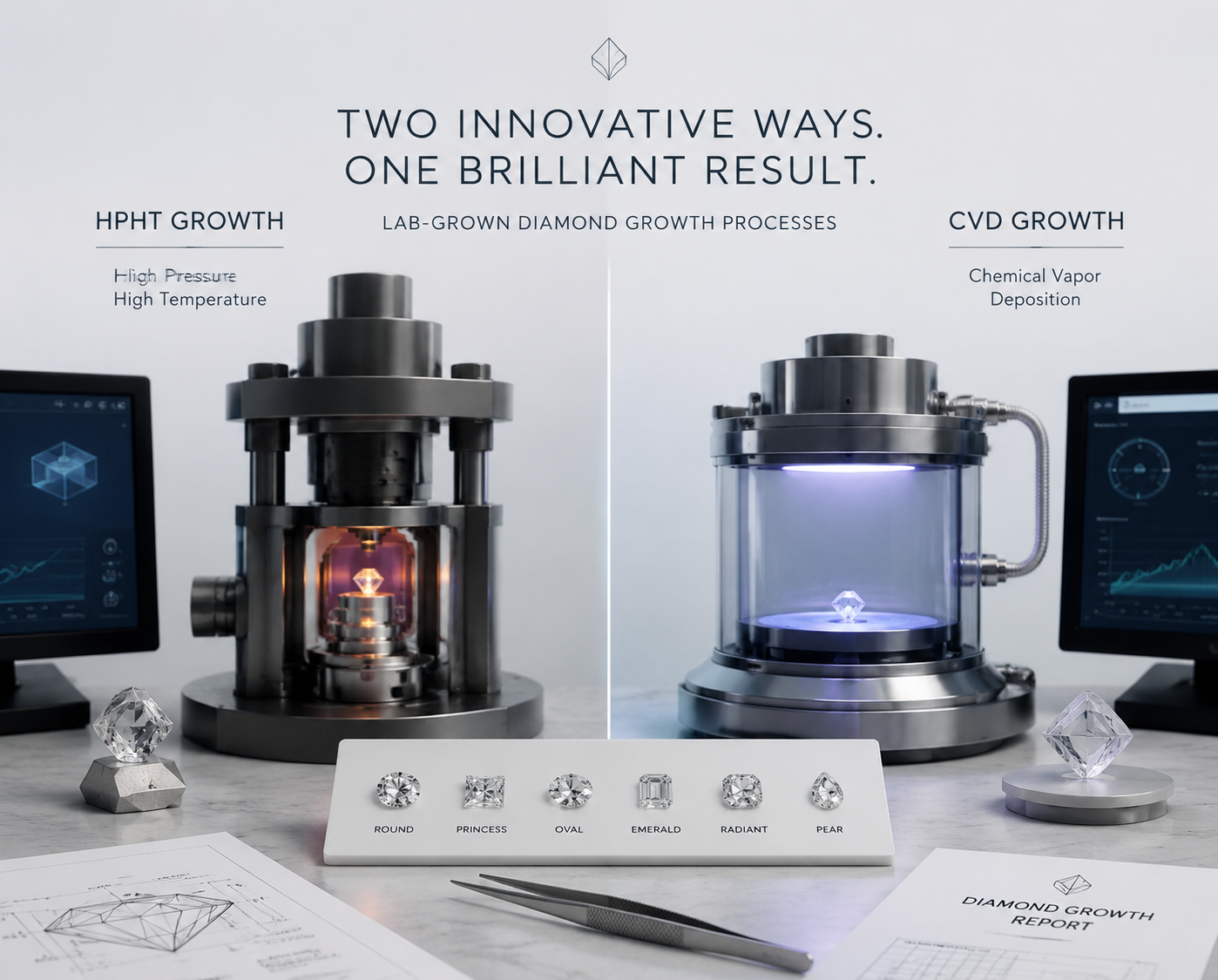 Side-by-side comparison of HPHT and CVD lab-grown diamond growth processes in a laboratory setting