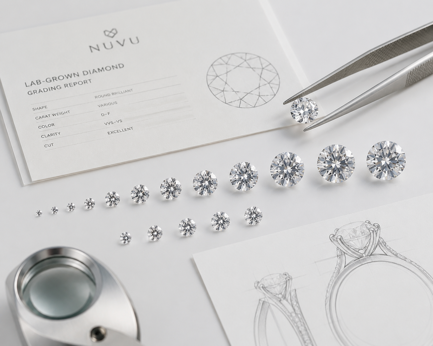 A selection of polished lab-grown diamonds in various carat sizes arranged to show the range from melee to larger center stones