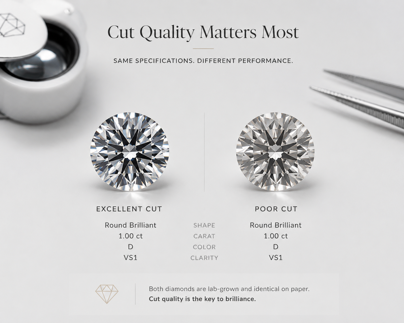 side-by-side comparison of two round brilliant lab-grown diamonds with identical specifications but different visual performance, illustrating that cut quality matters more than growth method