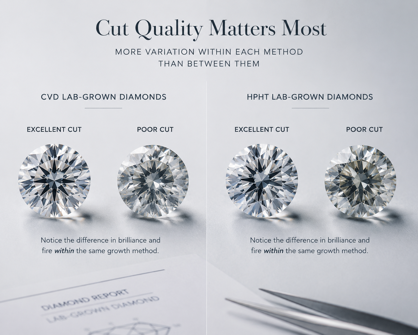 Split comparison photo showing two round brilliant lab-grown diamonds side by side with different cut qualities, demonstrating that visual performance varies more within each growth method than between them