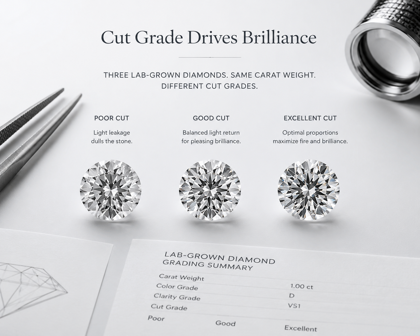 Three round lab-grown diamonds shown face-up with different cut grades, demonstrating how light performance varies dramatically based on proportions rather than growth method