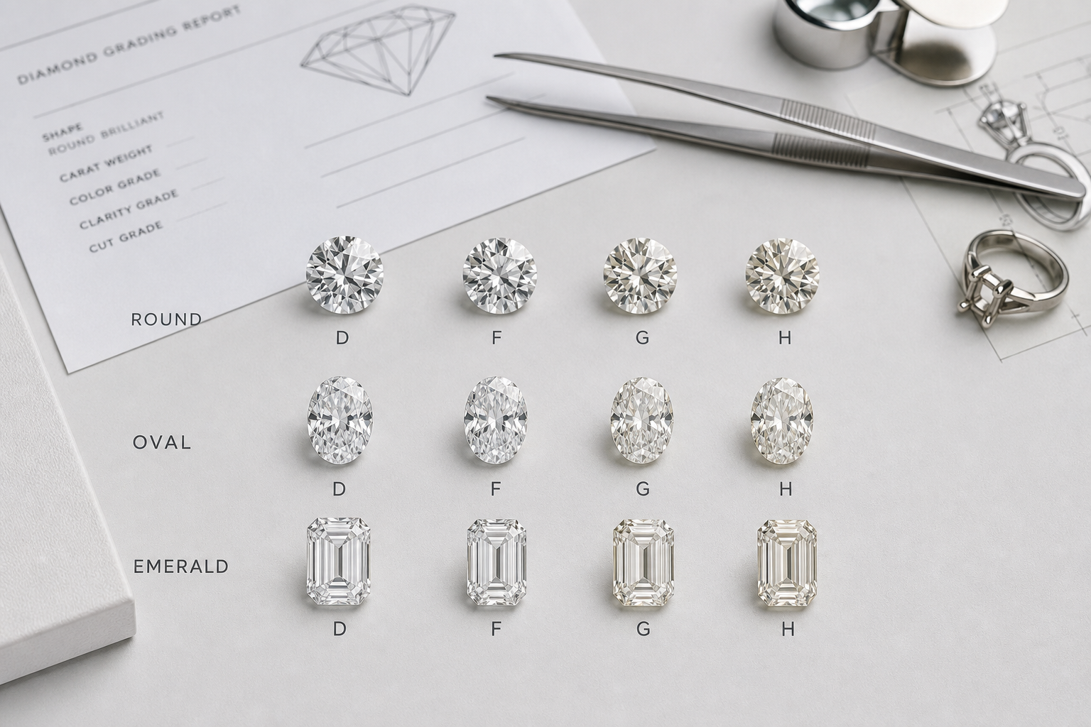 Side-by-side comparison chart showing D, F, G, and H lab-grown diamonds in round, oval, and emerald cuts under the same lighting