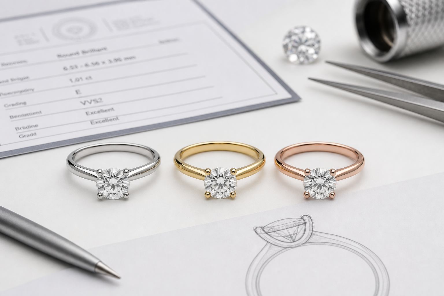 Engagement ring setting comparison showing the same near-colorless lab-grown diamond in platinum, yellow gold, and rose gold