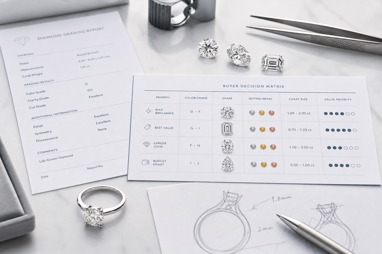 Buyer decision matrix comparing color grade, shape, setting metal, carat size, and value priority for lab-grown diamonds