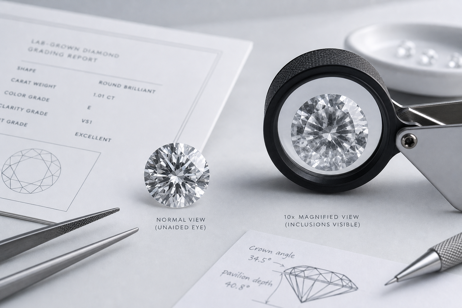 Close-up comparison of two lab-grown diamonds showing how inclusions appear under magnification versus normal viewing distance