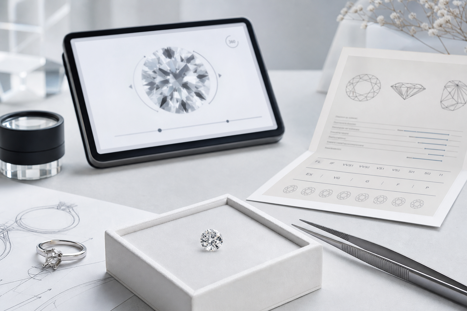Lab-grown diamond grading report beside a face-up diamond image and 360 video preview for visual clarity review