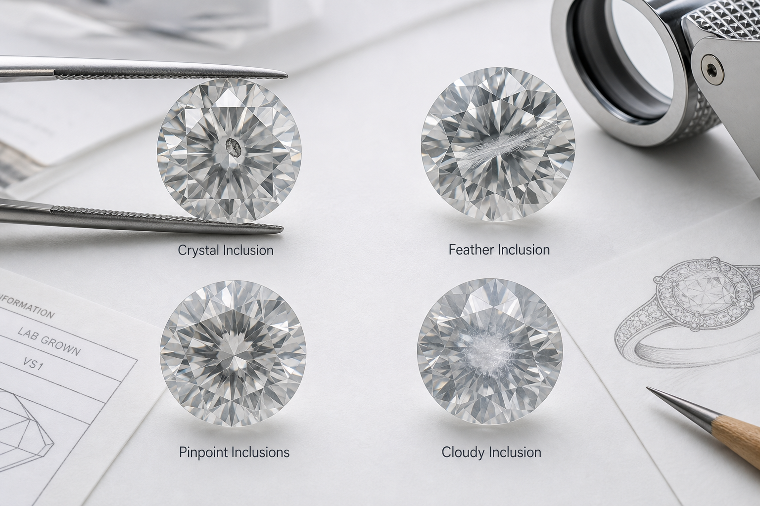 Visual examples of different diamond inclusion types including crystal, feather, pinpoint, and cloud in lab-grown diamonds