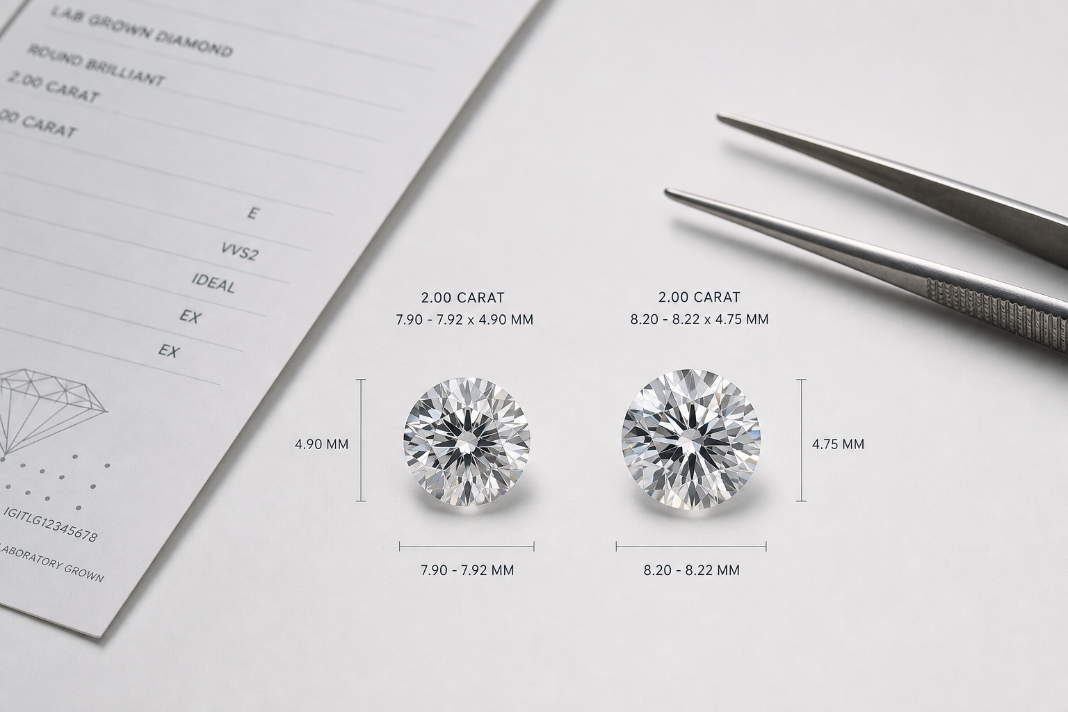 Side-by-side top-view comparison of two lab-grown diamonds with the same carat weight but different millimeter dimensions and face-up spread