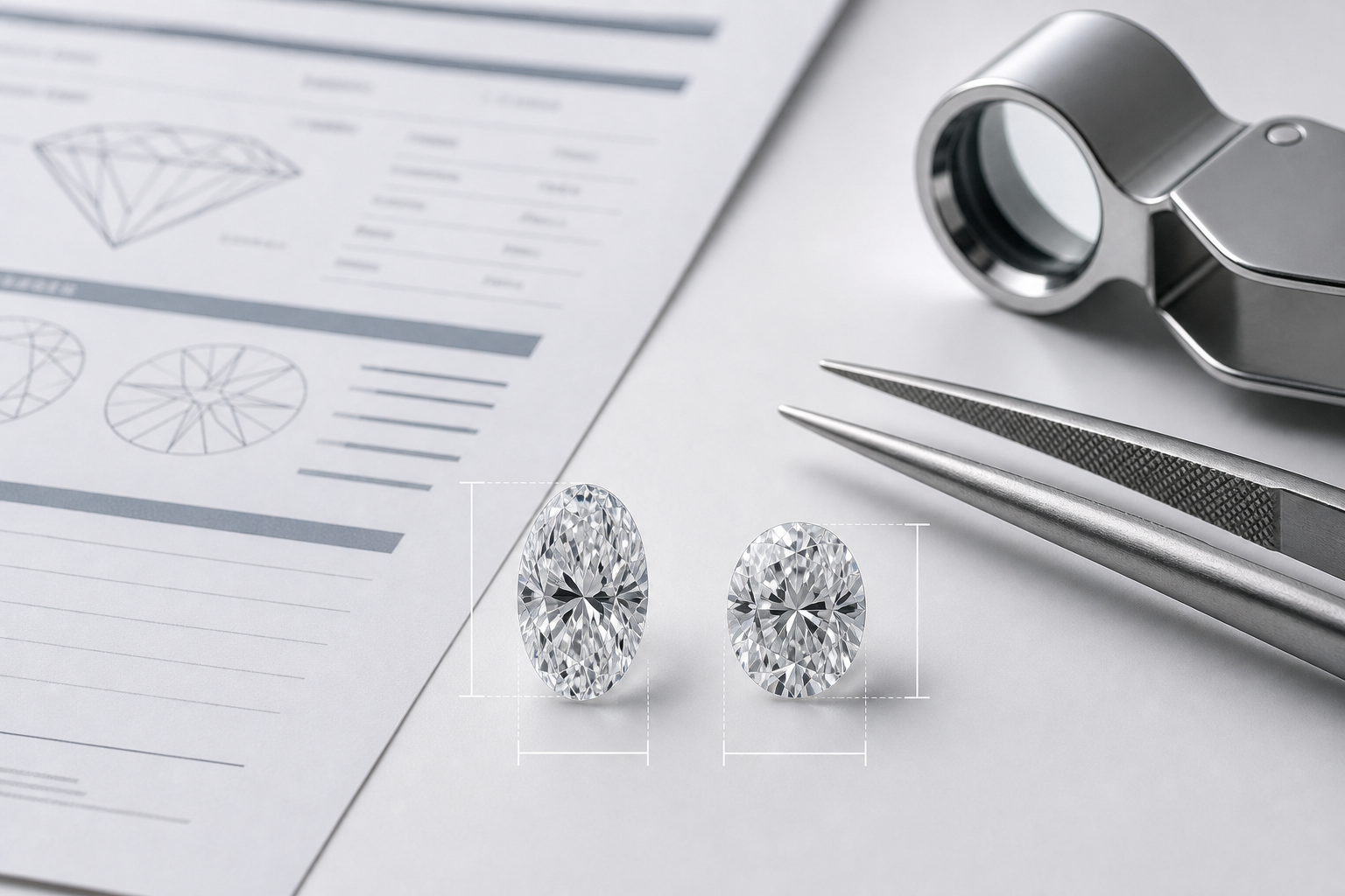 Close-up view of a grading report and two oval lab-grown diamonds showing how length, width, and depth affect visible size