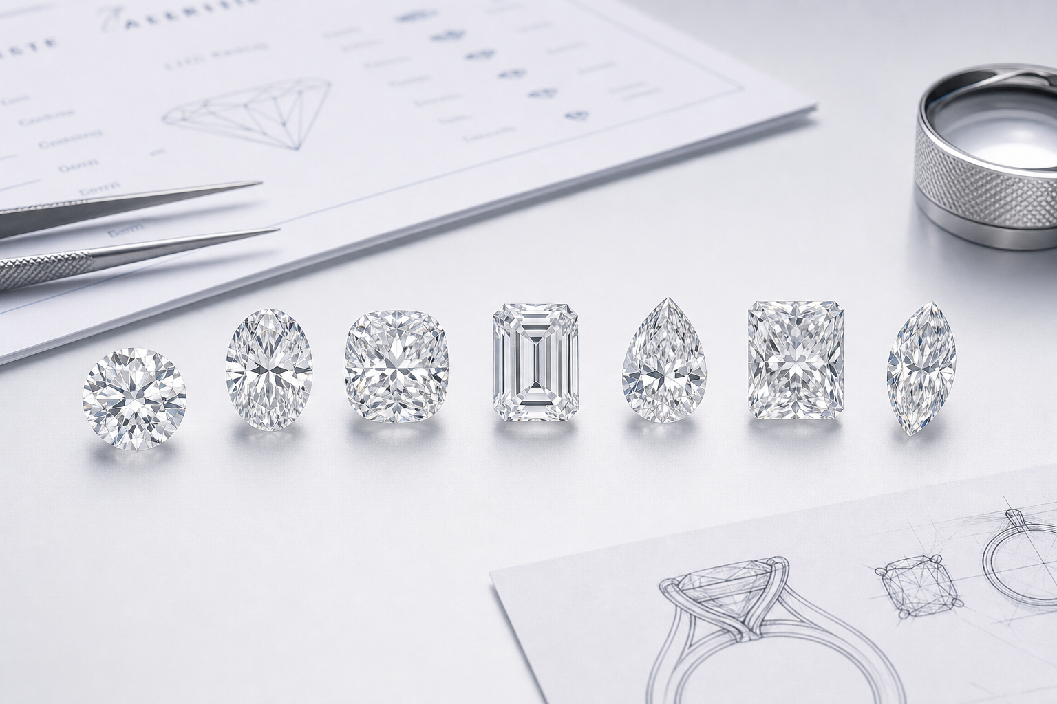 Comparison chart showing round, oval, cushion, emerald, pear, radiant, and marquise lab-grown diamonds at similar carat weights with different finger coverage