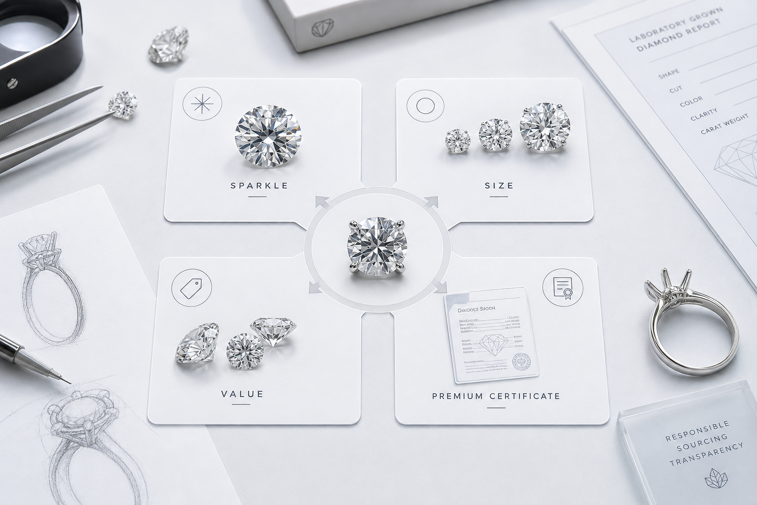 A four-path decision chart showing lab-grown diamond 4C priorities for sparkle, size, value, and premium certificate goals