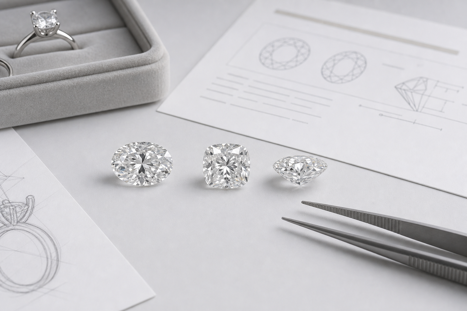 Side-by-side comparison of three lab-grown diamonds with similar carat weight but different face-up measurements and proportions