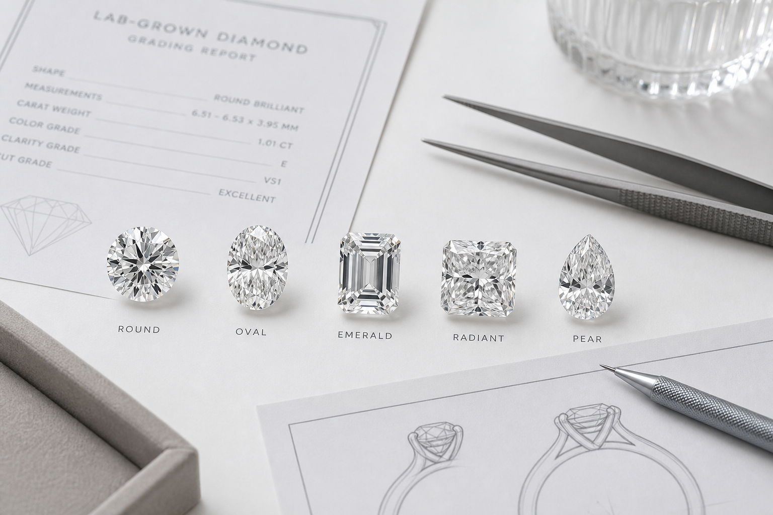 Side-by-side comparison of round, oval, emerald, radiant, and pear lab-grown diamonds showing how light pattern and face-up shape differ