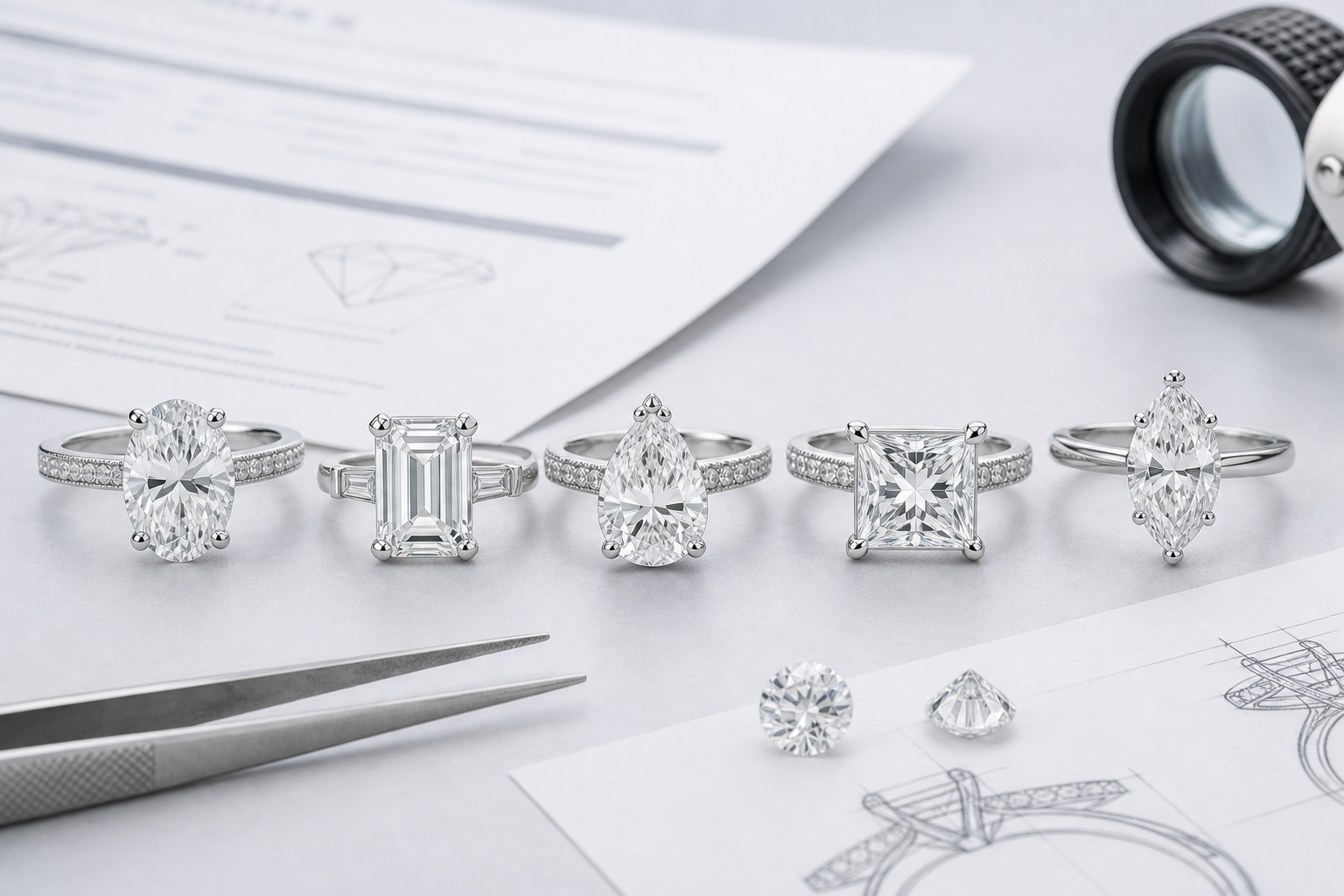 Engagement ring setting examples showing how oval, emerald, pear, princess, and marquise diamonds require different prong placement and protection
