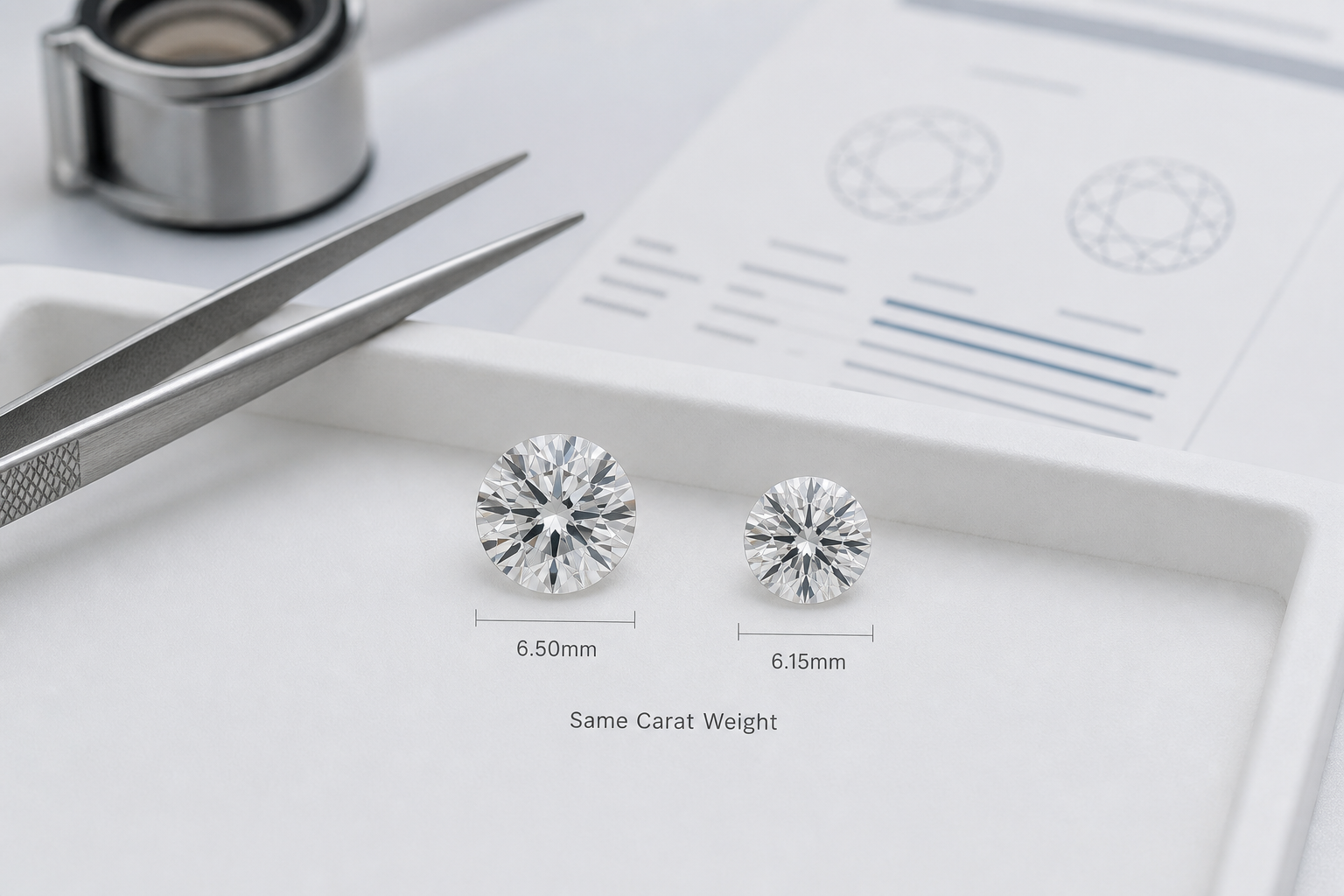 A side-by-side visual comparison showing two lab-grown diamonds with the same carat weight but different millimeter measurements and face-up spread