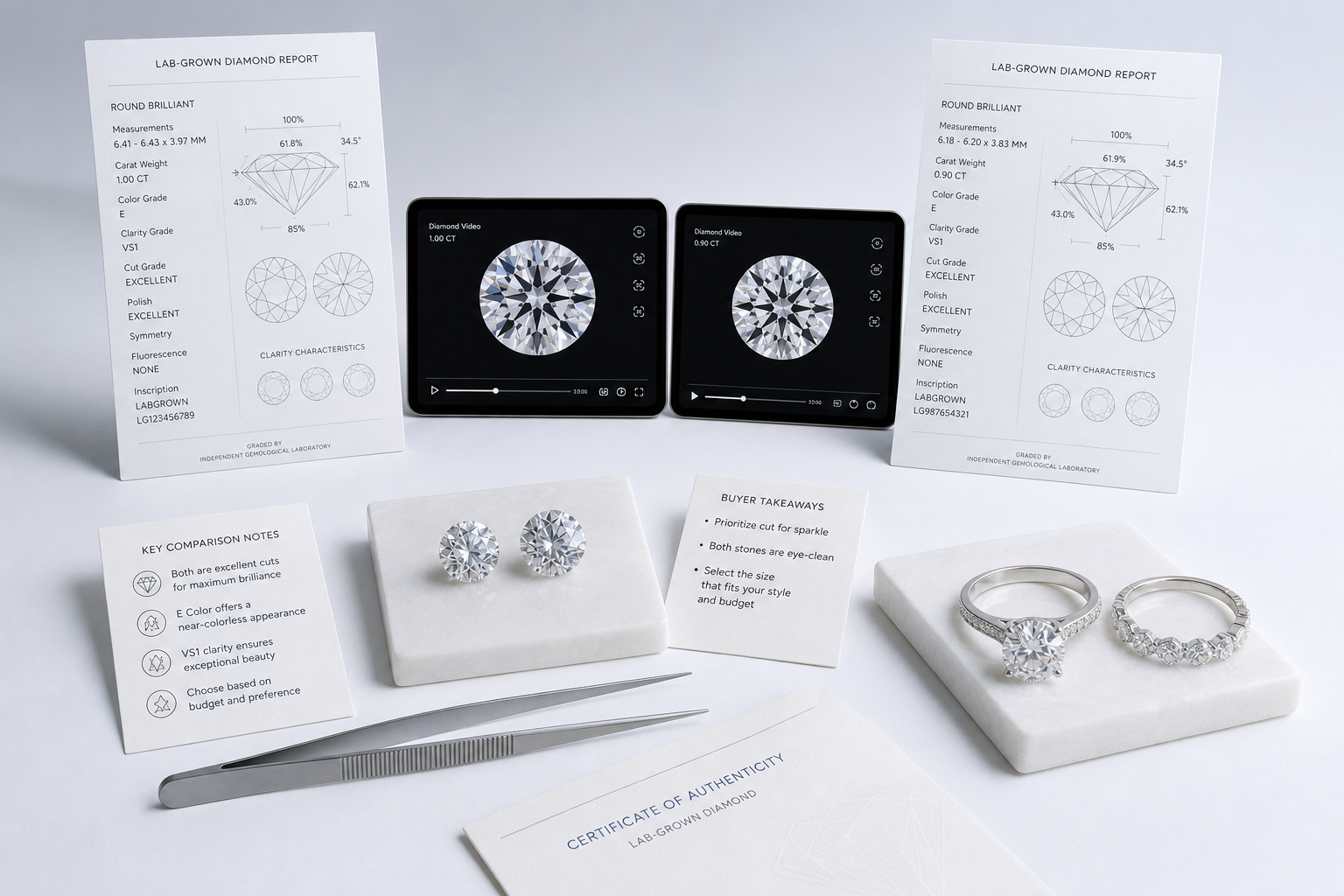 Buyer comparison chart showing two lab-grown diamond reports beside corresponding diamond videos and key decision notes