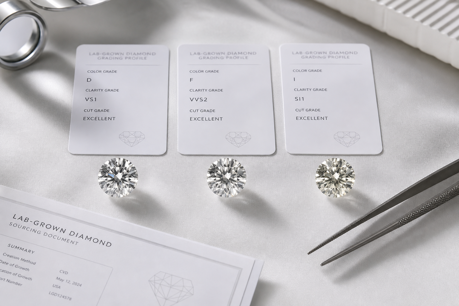 Side-by-side comparison of three lab-grown diamond grading profiles showing different color and clarity grades with similar face-up appearance