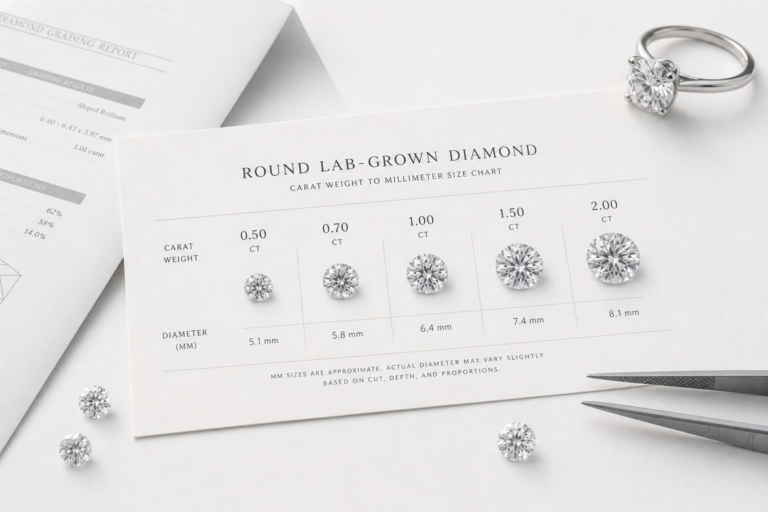 Visual chart comparing carat weight and millimeter size for round lab-grown diamonds near common threshold weights